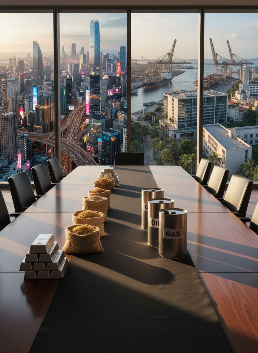 A polished, dark wooden conference table set in front of a floor-to-ceiling window overlooking two distinct skylines merged into one panorama: an Asian megacity on the left and a modern African port city on the right. On the table, neatly arranged samples of commodities—gleaming metal ingots, burlap sacks of grains, sealed canisters labeled oil and gas—are laid on a matte black runner. Late afternoon natural light pours through the glass, creating long, elegant shadows and subtle reflections on the table’s surface. The camera is positioned at table height, drawing the eye along the line of commodities toward the blended skylines. The photographic style is clean and realistic, conveying strategic partnership and cross-continental trade in a calm, confident mood.