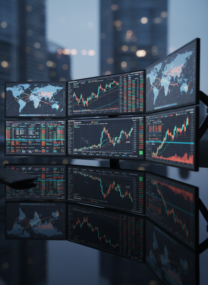 A large, dark glass trading desk with multiple ultra-thin curved monitors displaying detailed commodity charts, live price tickers, and color-coded maps of Asia and Africa connected by luminous trade routes. The screens are crisp and legible, filled with realistic data for metals, energy, and agricultural products. The reflective black surface of the desk mirrors the soft glow of the monitors, while the background remains intentionally blurred, hinting at a modern high-rise city skyline at dusk. Cool blue and neutral white light from the screens provide the primary illumination, creating a focused, analytical atmosphere. Captured from a slightly elevated angle, the photographic composition feels sophisticated and professional, perfectly aligned with a serious global commodity trading brand.