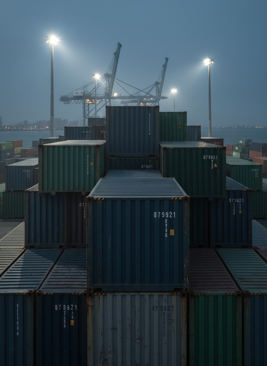 An ultra-realistic macro shot of stacked cargo containers in a major deep-water port at twilight, each container painted in muted corporate colors—slate blue, charcoal, and dark green—with subtle, non-branded numbering. Powerful white floodlights cast strong, clean beams across the metal surfaces, revealing fine textures, slight weathering, and sharp edges. In the distance, slightly out of focus, towering gantry cranes frame a dim horizon where the sea meets a faint suggestion of city lights on two shores. The low-angle composition makes the containers appear monumental, symbolizing the scale of Asia–Africa commodity flows. The mood is serious and industrial yet controlled, with photographic realism and a crisp, professional aesthetic.