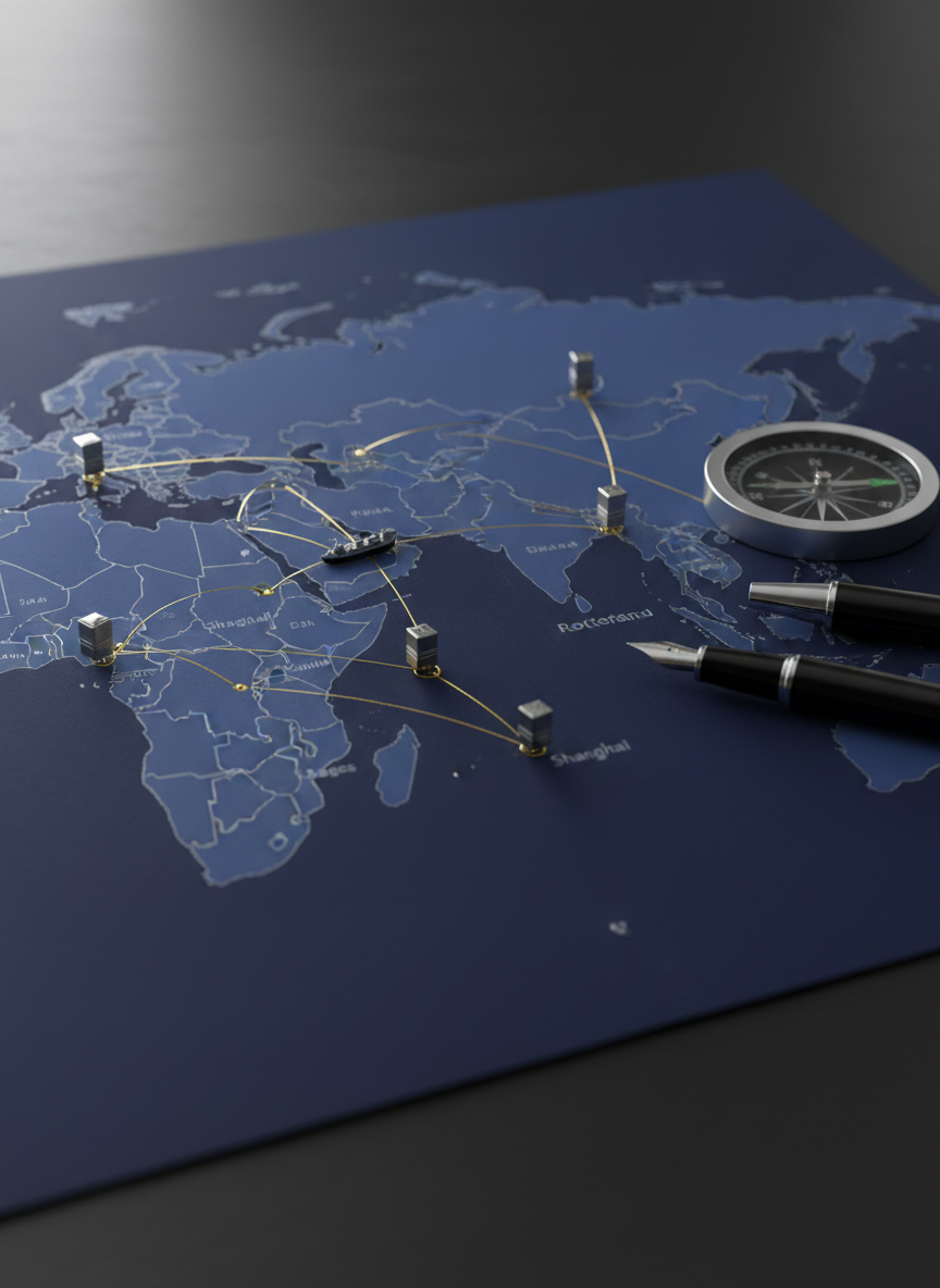 A close-up, overhead photographic view of a meticulously detailed shipping map spread across a dark matte desk, showing only Asia and Africa in rich deep blue with land borders subtly etched in silver. Bright, precise lines in gold connect key ports and trade hubs, marked by tiny metallic pins shaped like containers and tankers. To the side, a sleek stainless steel compass and a black fountain pen with a chrome clip rest neatly aligned. Soft, directional studio lighting from the top left highlights the metallic accents and creates gentle gradients across the map. The composition uses rule of thirds with sharp focus on the central trade routes and slight blur at the edges, evoking strategic planning and professional precision in global commodity logistics.